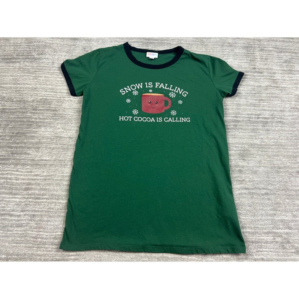 LuLaRoe Ringer Tee Womens M Green Hot Cocoa Graphic Holiday Short Sleeve Shirt